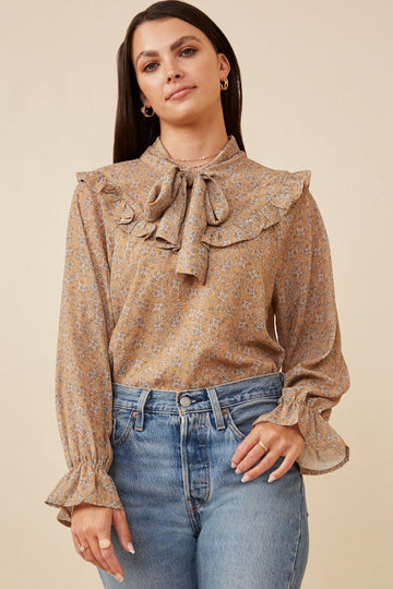 HK1235 Mustard Womens Ditsy Floral Bib Top With Tie Full Body 2